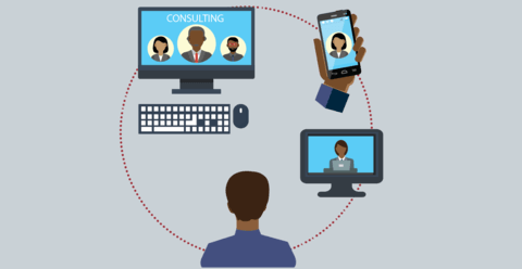 Howard University Consulting. Illustration of a Howard Staff Member on a video call with other faculty/staff members